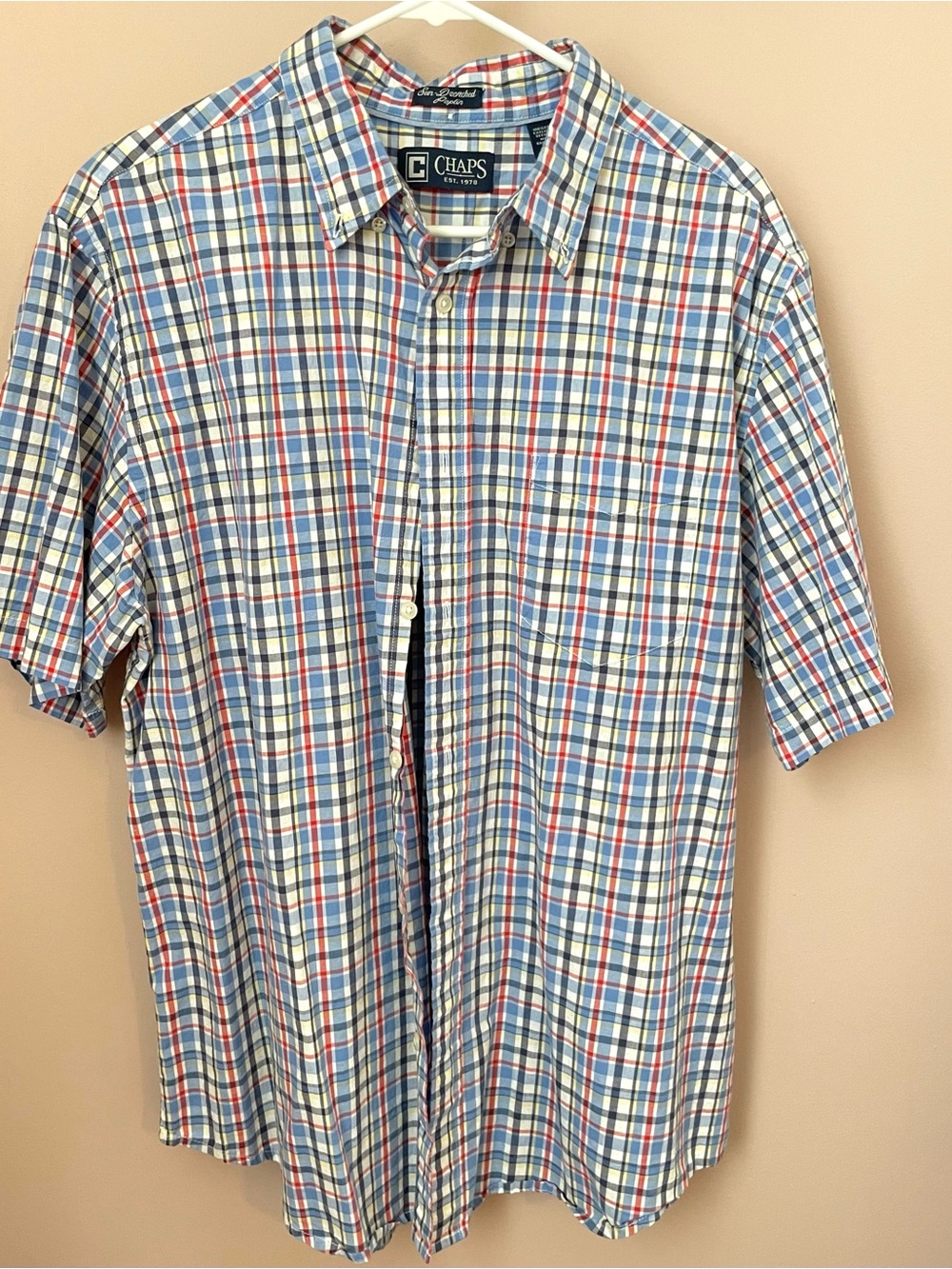 Chaps Short-Sleeve, Plaid Button-Up Shirt - Blue/Red/White, Men’s XL